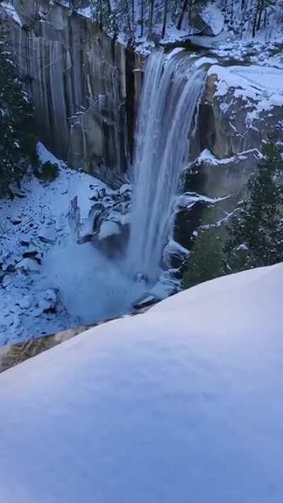 ? Looking down on a snowy Vernal Fall, Yosemite National Park, CA