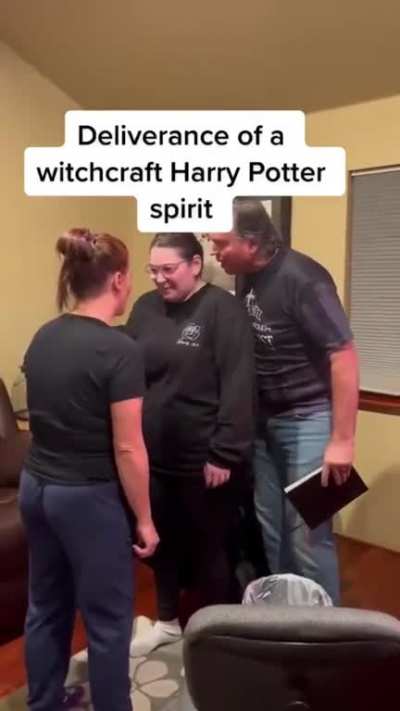 They're performing an exorcism on her, because she's possessed by a "witchcraft Harry Potter spirit." (No, this isn't satire. They're serious.)