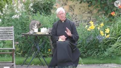 "Cat steals some milk during Dean of Canterbury Cathedral's morning sermon"