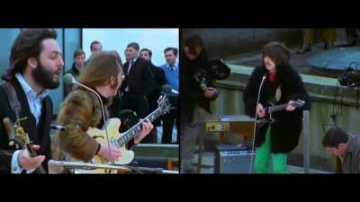 The Beatles performing "Get Back" on the roof of Apple Corps on January 30, 1969