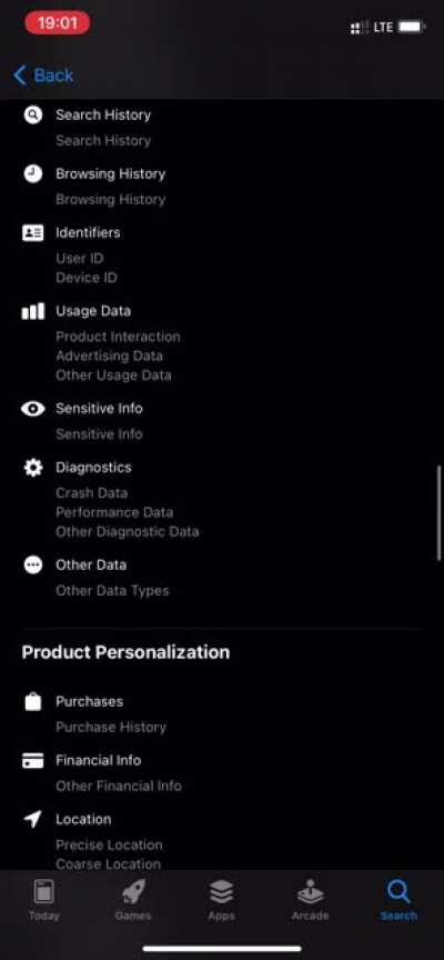 Facebook's new "Privacy Label" as required by Apple's new App Store rules