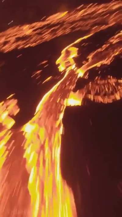 ? Drone footage over a volcano erupting at night