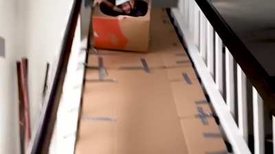 WCGW sliding down the stairs in a box