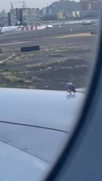 WCGW sitting on the wing of a moving plane.