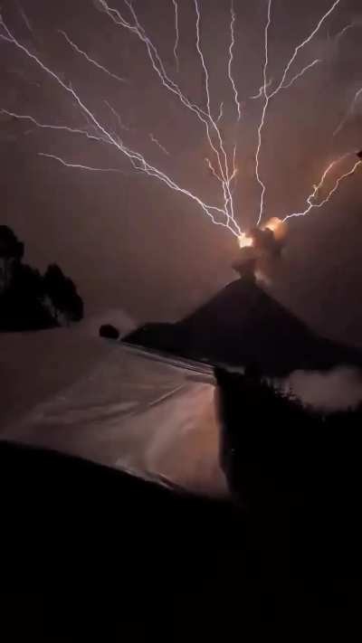 ?Volcanic lightning - an electrical discharge caused by colliding particles of ash and ice rather than from a thunderstorm.