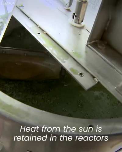 Bubbling algae in the walls form a living "bio skin," supplying heating and hot water year-round! It not only saves residents money, this building absorbs CO2 emissions from the air in Hamburg, Germany!