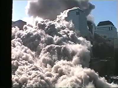 Rare footage of 9/11 showing the first tower core remain standing post-collapse, as well as what witnesses may have mistaken as explosions at the base of the tower