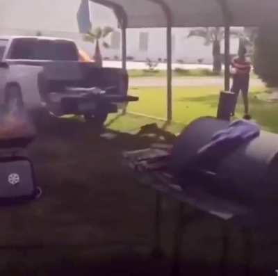 Kid puts firecrackers in grill