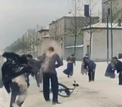 Snowfight (1897) colorized. You think youtube pranksters go far, look at what they do to my guy on bicycle