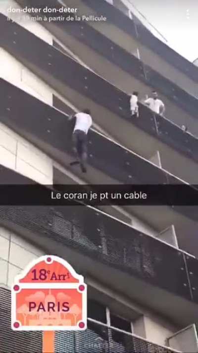 Guy sees baby dangling from high rise building & switches on his super powers, scaling the building balcony by balcony with total disregard for his own safety. He was an illegal immigrant living in France but after this he was given instant citizenshi