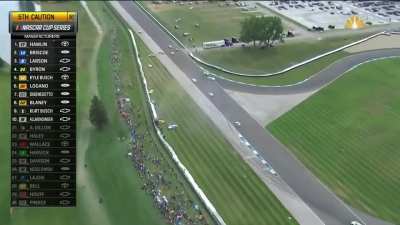 A kerb fails during a NASCAR race on the Indianapolis Road Course, causing multiple cars to crash out of the race, 15/08/2021