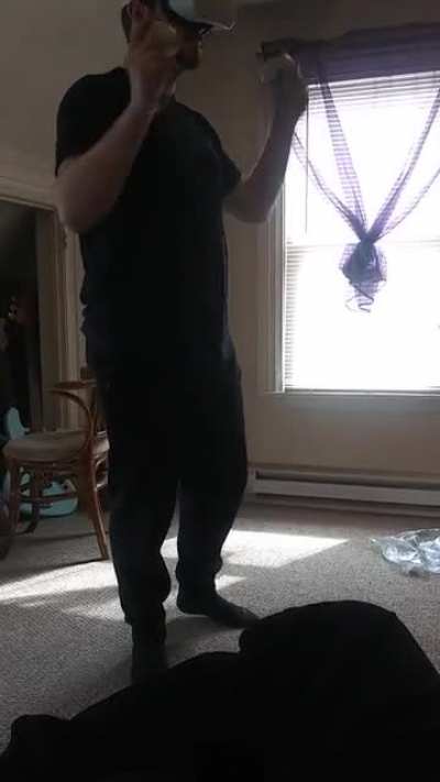 My buddy playing VR Beat Saber looks like he's dancing at the club
