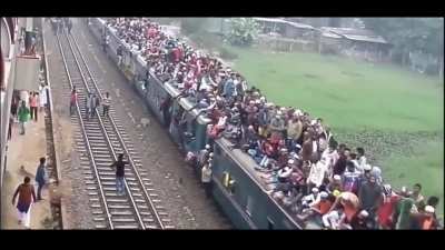 Overcrowded train ride in Bangladesh
