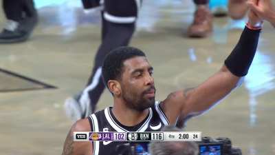 [Highlight] Kyrie with only 1.8 seconds to work with hits the fading corner 3 to send the Lakers starters to the bench and seal the Nets win