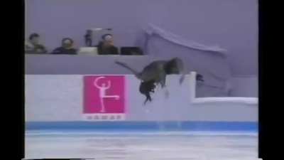 Surya Bonaly first ever to do a backflip on ice landing on one foot despite backflips being a banned move in figure skating (1994 Olympics)