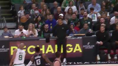 [Highlight] Replay of Paul George's jumper getting blocked from behind by Derrick "Ginobili" White!