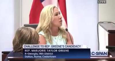 Here's Marjorie Taylor Greene denying that she ever said Speaker Pelosi was a "traitor to our country" and then being presented with evidence that she, in fact, said that.