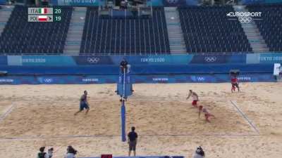 This amazing Doublesave to Matchpoint by the Italian Beach volleyball players in their Match against Poland