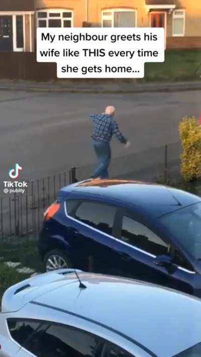 Elderly neighbour greets his wife in same way each and every day?