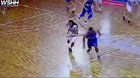 Old man is ready as a basketball player falls out of bounds towards him