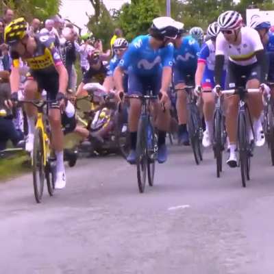 Tour de France spectator hits the peloton with her sign, forcing the cyclists to share in her stupid prize