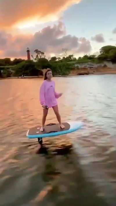 This is a Jetfoiler, an electric hydrofoil surfboard