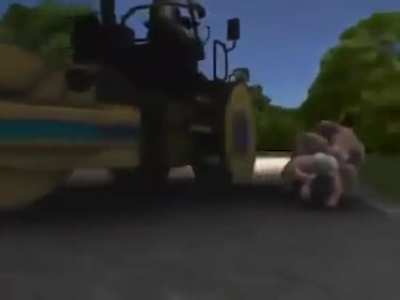2 bodybuilders chasing someone driving a steamroller