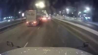 Idiot cuts in front of a truck, then brake checks