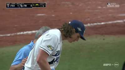 [Highlight] [Highlight] Tyler Glasnow's leg saves a run after a 110 MPH Adolis Garcia comebacker.