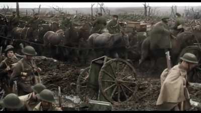 The transition from black and white to colour in Peter Jackson's "They Shall Not Grow Old", a documentary film about life on the front lines for British WWI soldiers