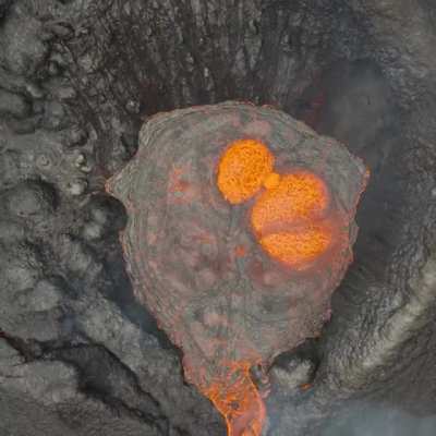 ? Drone footage looking down into a volcanic eruption from above