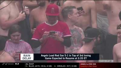 [Highlight] [highlight] A lone Angel fan is standing in the middle of a bunch of shirtless fans in the outfield bleachers at Fenway