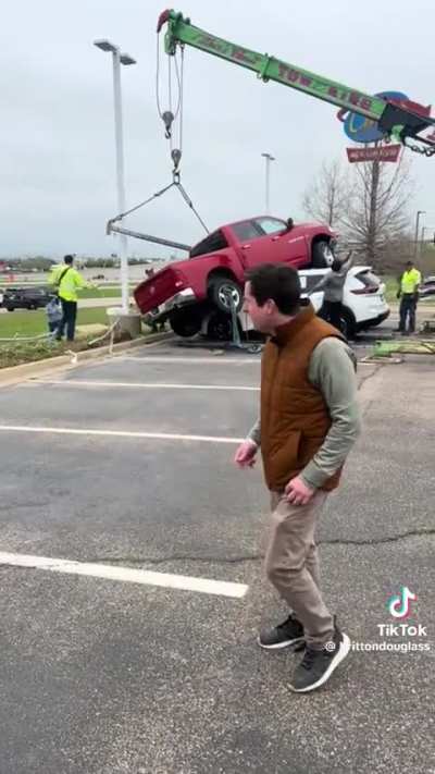 Vehicle involved in multi car accident jumps Dukes of Hazzard style into dealership lot. Dealership owner decides to do a short TikTok spot that blows up.