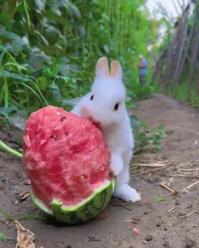 Rabbit eating a watermelon