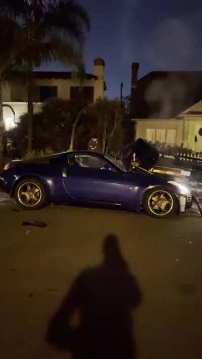 Was having dinner when this kid rammed into the parked trailer outside my Uncles’ house in San Diego. ‘My wheels slipped’.