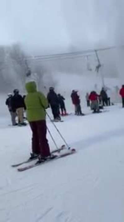 Beech Mountain Ski Resort water pipe burst directly below lift today. First chair to go through got blasted out of their seat, with others jumping to safety.