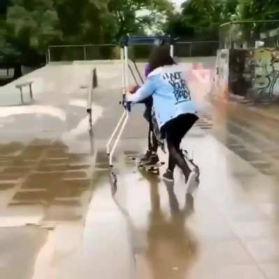 He has Cerebral Palsy and wanted to skate board so his mom created this for him so that he could. Mother Of The Year?