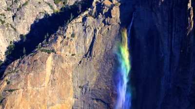 ??? High winds at the perfect time of day created a previously undocumented 2,400 foot rainbow waterfall in Yosemite Nationa