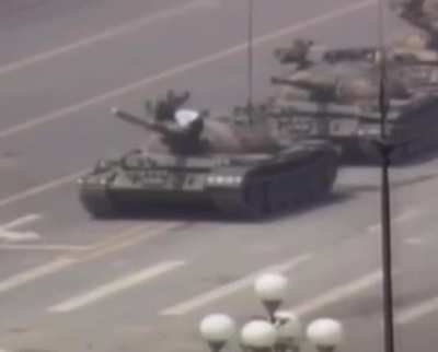 "Tank man" temporarily stopping the tanks, June 5th 1989. Tianmen Square, China.