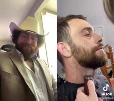 Wife shaving husband's beard