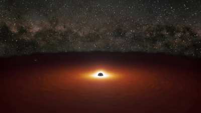 This animation shows the binary black hole system of OJ 287. Every 12 years, the smaller black hole punches through the accretion disk of the larger black hole and results in a flash of light that is over a trillion times brighter than the sun.