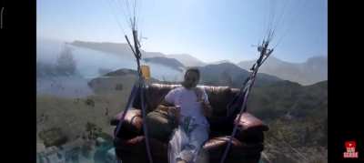 This man flew in his couch and watched TV