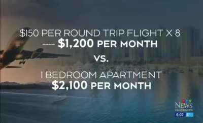 A student from Canada gets to his studies by airplane to avoid rent