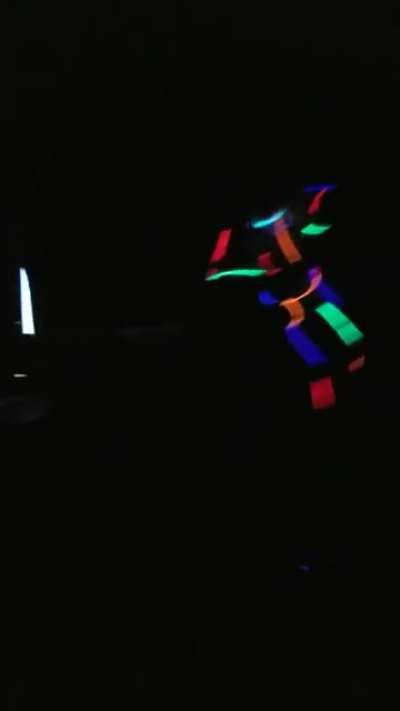 My almost 7yr. old wanted a "dark party" glowsticks and musicis what it entails. Dad wanted to do the glowstick skeleton... here she is! Plus mom (me) laughing the whole time. Dad lifted her up and wiggled her around. Best dark party to date in this house