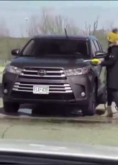 As Seen on 9Gag: She's trying to kill the COVID-19 on her car