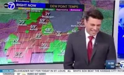 Weatherman discovering his monitor has a touch screen