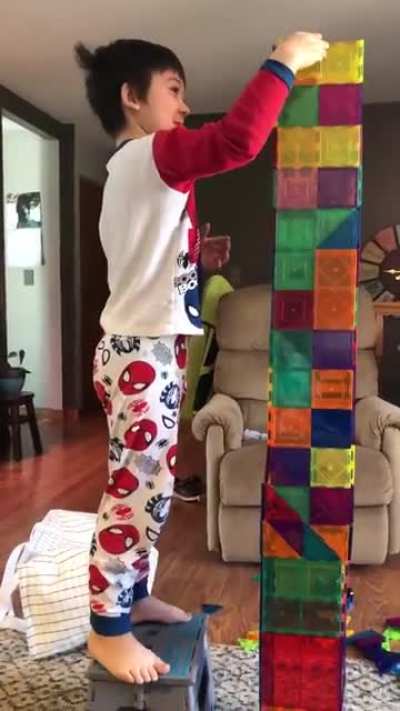 Our son has sleepovers at my parents’ every Saturday. My mom just sent me thus gem. ? He definitely has his momma’s grace! ? (Tower Fail)