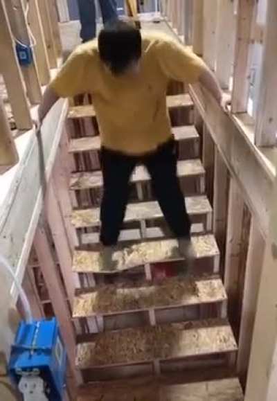 WCGW jumping on unfinished stairs