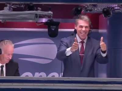 Rafael Nadal shows off his accuracy, hits it right into the broadcast booth