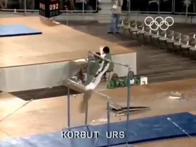 "Korbut Flip" by Olga Korbut in Munich 1972 Olympics.